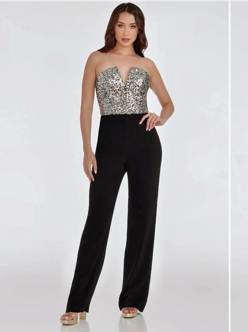 Dress the Population Fernanda Sequin Bodice Strapless Jumpsuit Black & Silver